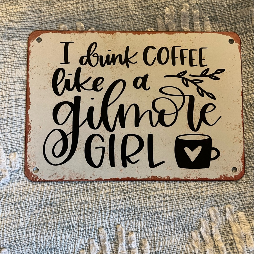 Retro Coffee Girl Metal Sign - Cream & Black